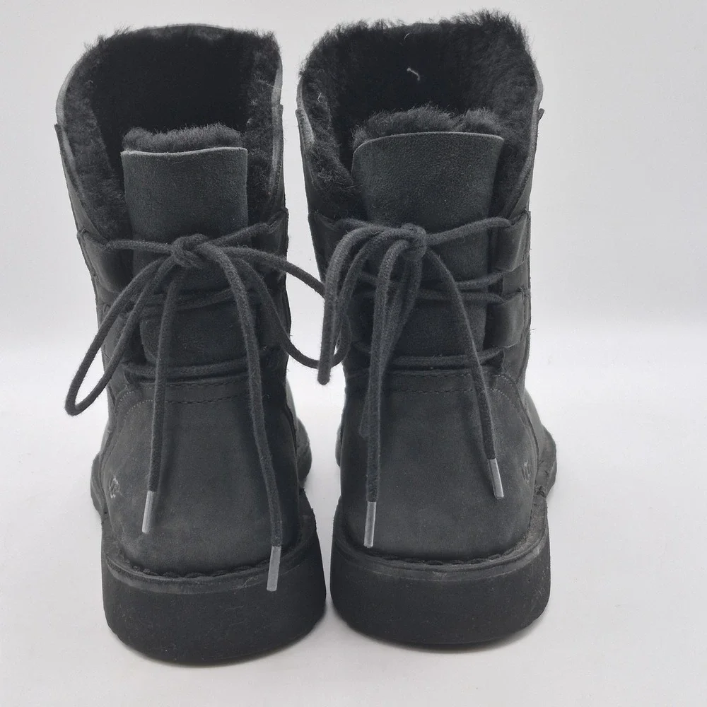 UGG Boots Womens Size‎ 8.5 Black Suede Shearling Lined Tie Back Ankle 1019164